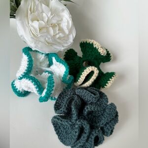 Crochet Scrunchies Handmade. Green tones with white and cream colors.